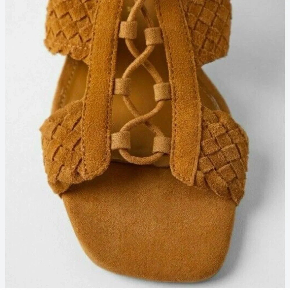 NWT Zara Basic Brown Woven Suede Strap Lace Up Sandals. Size 9 - Picture 2 of 12